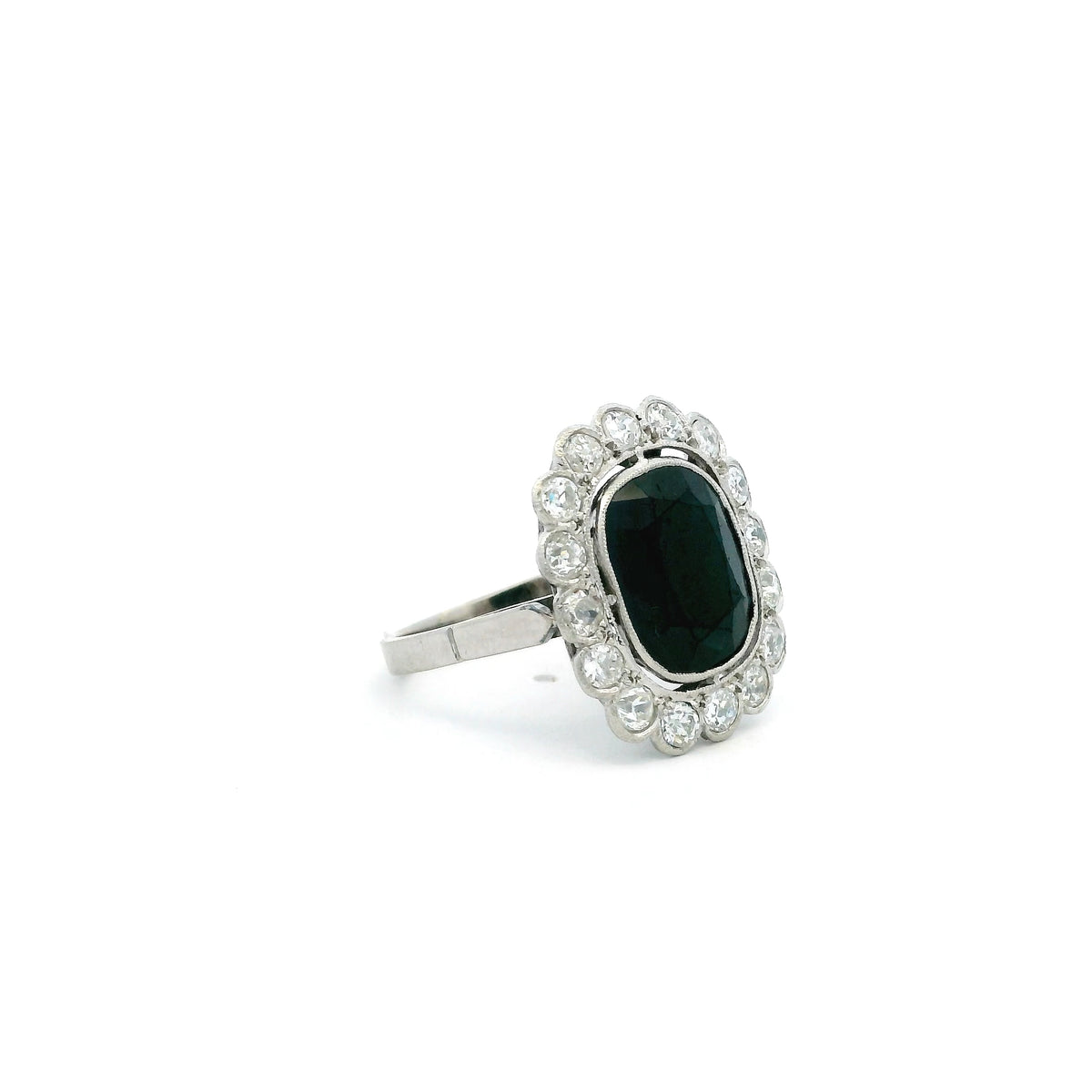 4.50ct Cushion Sapphire And Old Cut Diamond Cluster Ring
