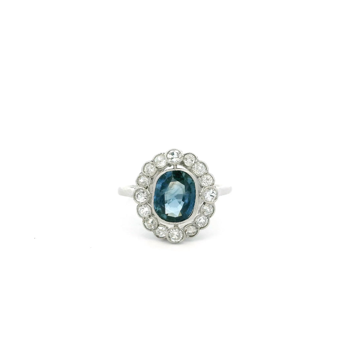 1.50ct Cushion Teal Sapphire And Old Cut Diamond Cluster Ring