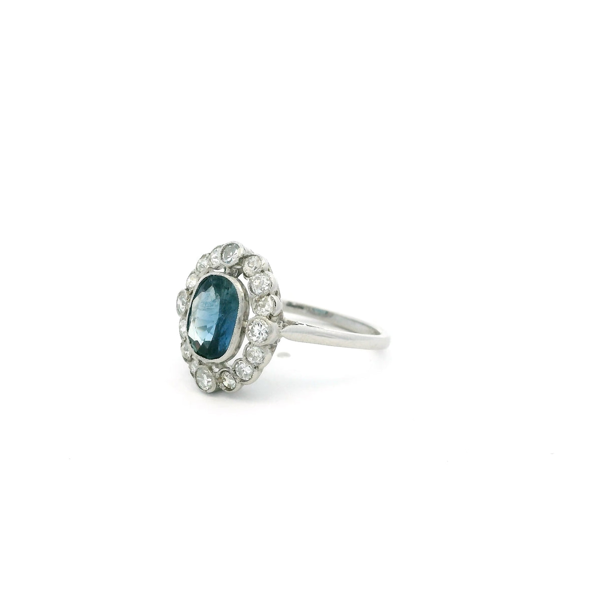 1.50ct Cushion Teal Sapphire And Old Cut Diamond Cluster Ring