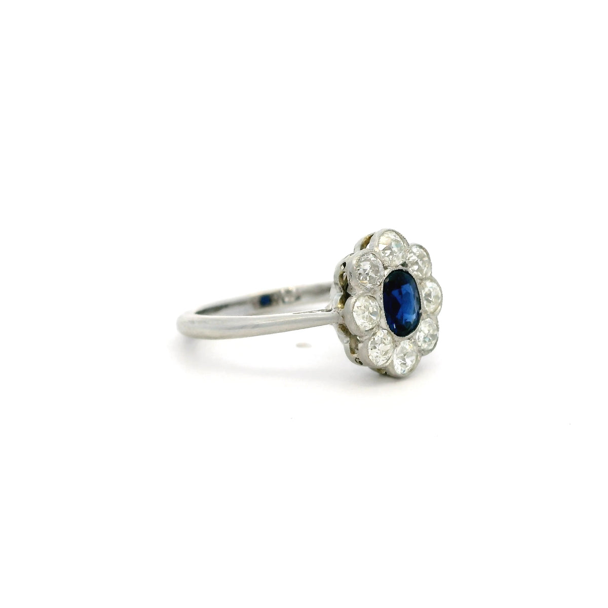 0.65ct Cushion Sapphire And Old Cut Diamond Cluster Ring