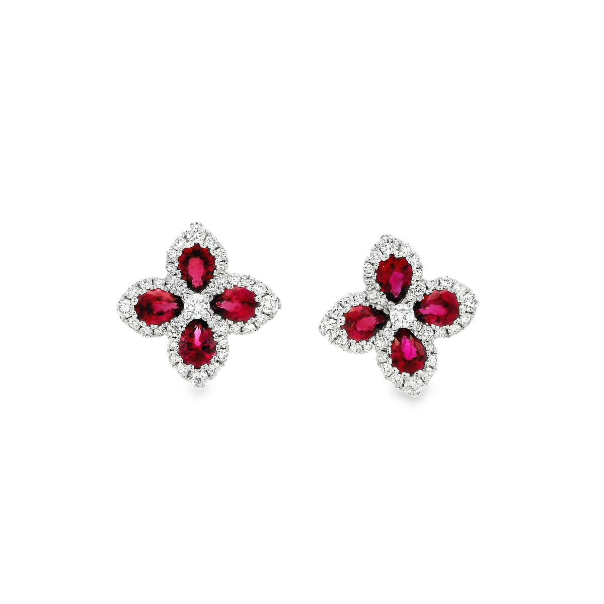 1.38ct Pear Ruby And Round Diamond Quatrefoil Cluster Earrings