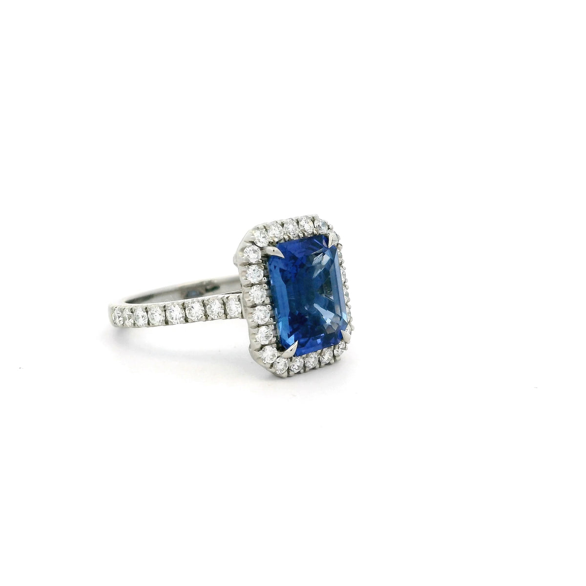 4.04ct Emerald Cut Sapphire And Round Diamond Cluster Ring