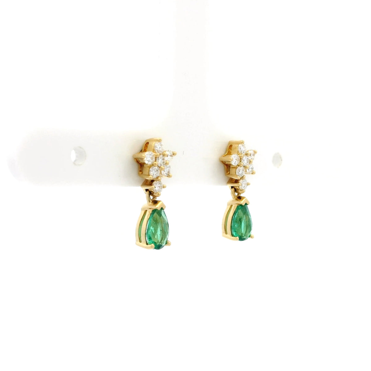 0.63ct Pear Cut Emerald And Diamond Flower Drop Earrings