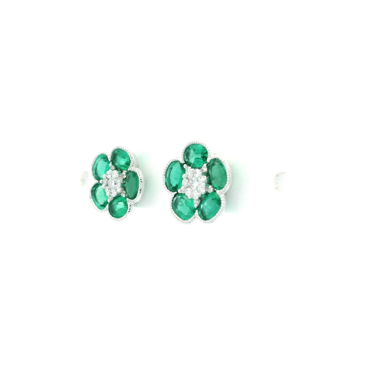 1.19ct Oval Emerald And Round Diamond Flower Cluster Earrings