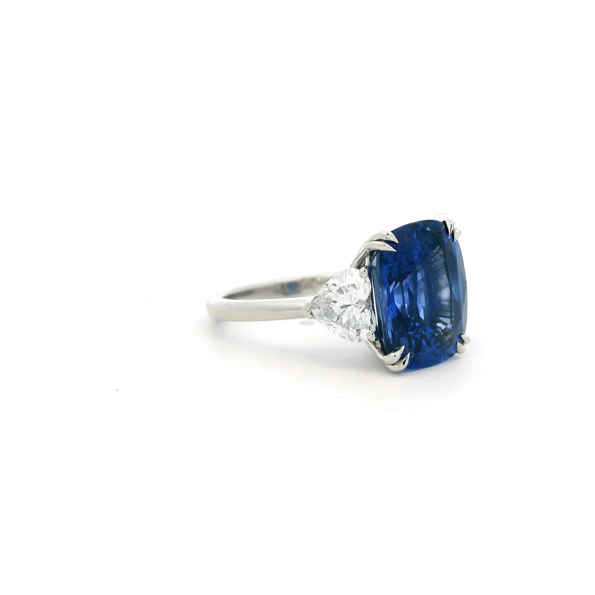 7.64ct Certified Cushion Sapphire And Heart Cut Diamond Three Stone Ring