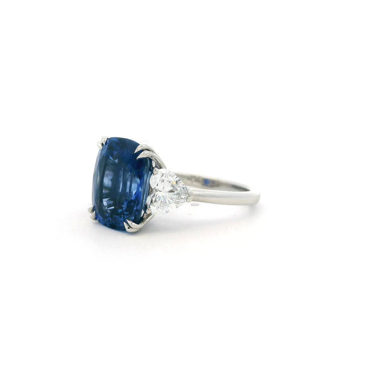 7.64ct Certified Cushion Sapphire And Heart Cut Diamond Three Stone Ring