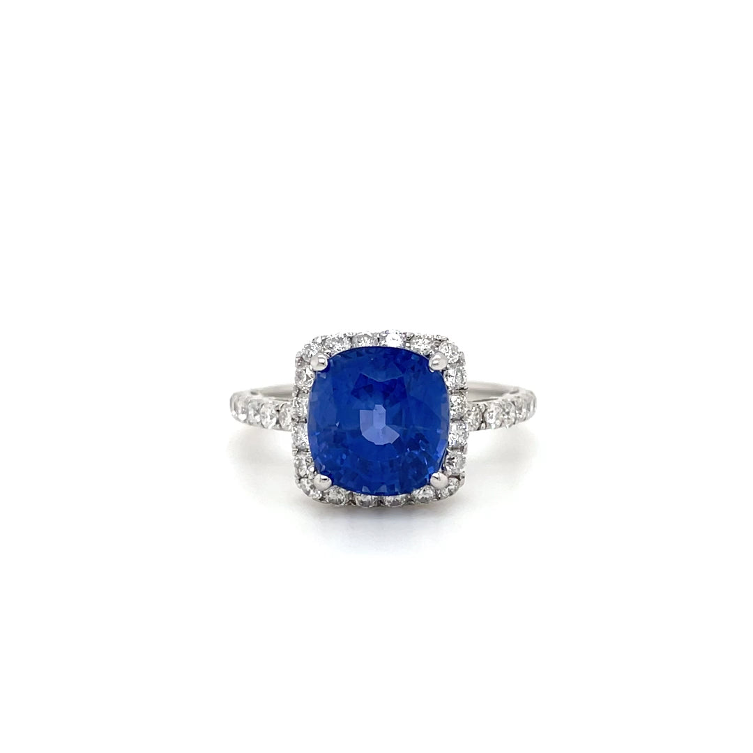 5.37ct Cushion Cut Ceylon Sapphire and Diamond Cluster Ring
