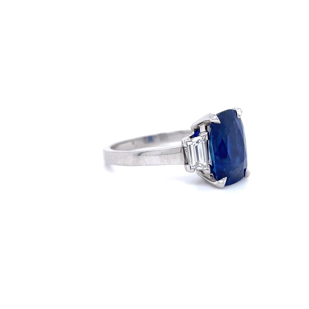 Certified Unheated 4.02ct Cushion Cut Burmese Sapphire And Diamond Three Stone Ring