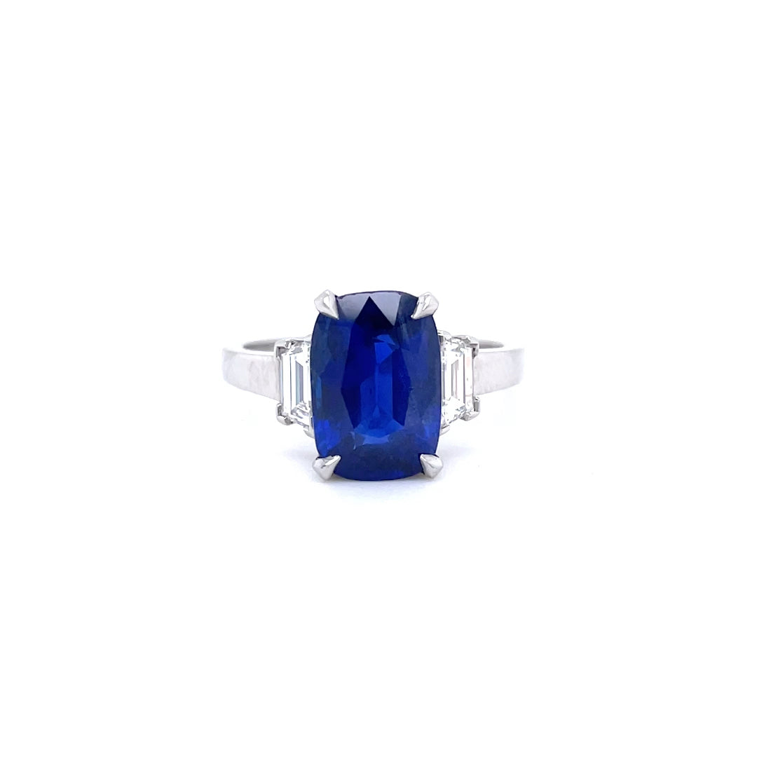 Certified Unheated 4.02ct Cushion Cut Burmese Sapphire And Diamond Three Stone Ring