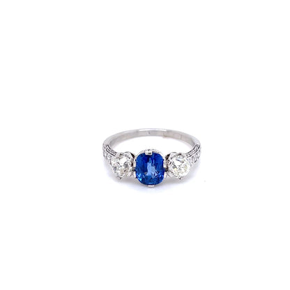 1.39ct Cushion Sapphire And Old Cut Diamond Three Stone Ring