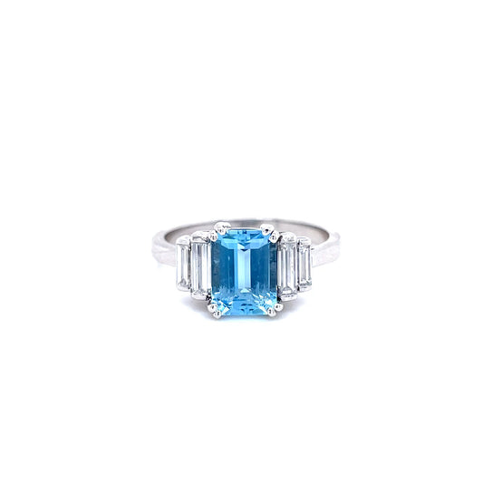 1.39ct Emerald Cut Aquamarine And Diamond Five Stone Ring