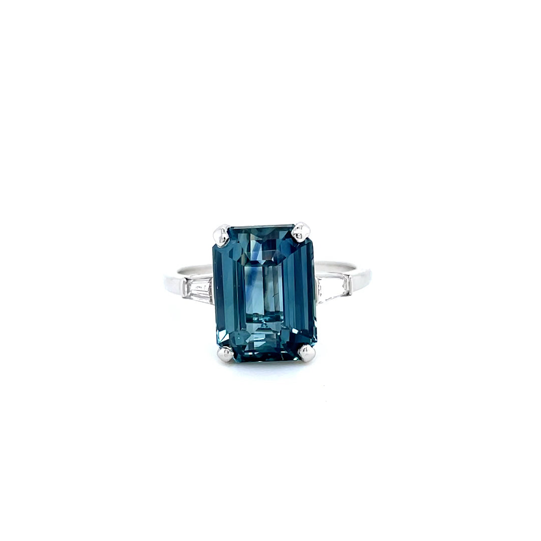 6.27ct Emerald Cut Teal Sapphire Solitaire Ring