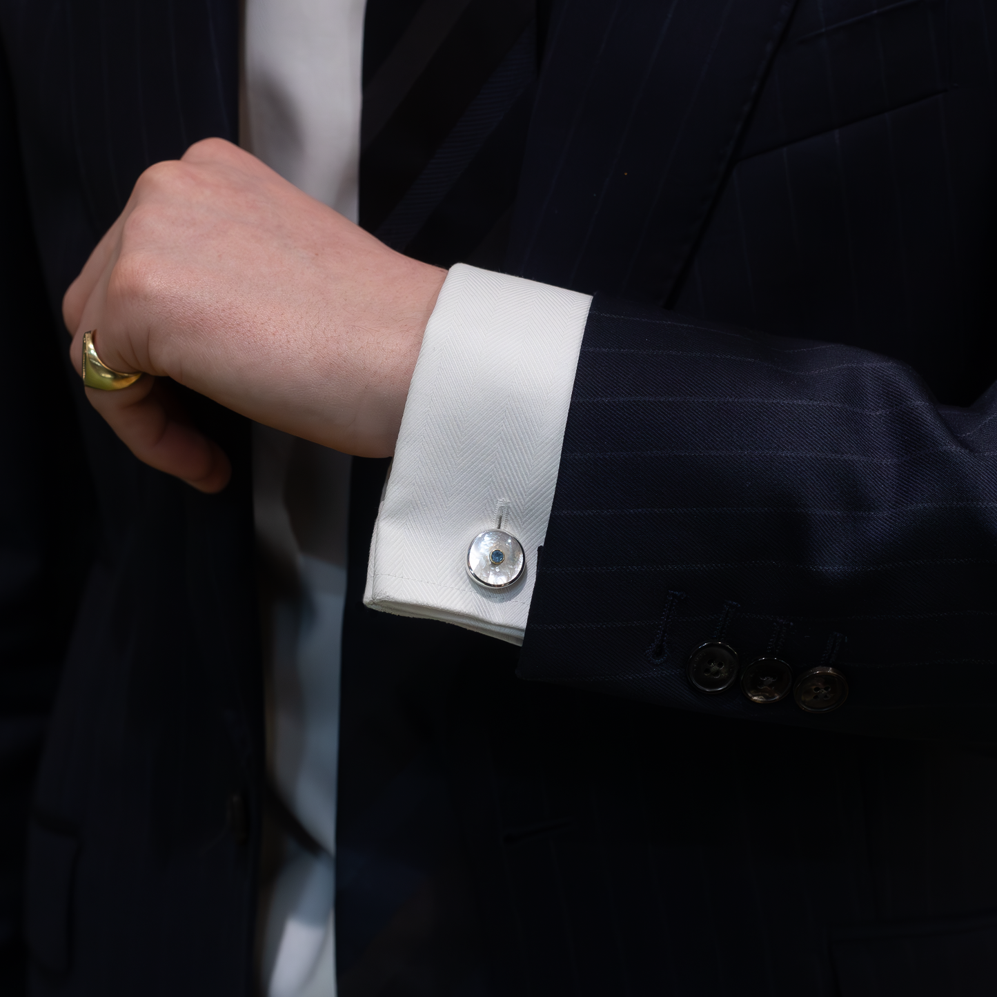 Aquamarine And Mother Of Pearl Round Cufflinks
