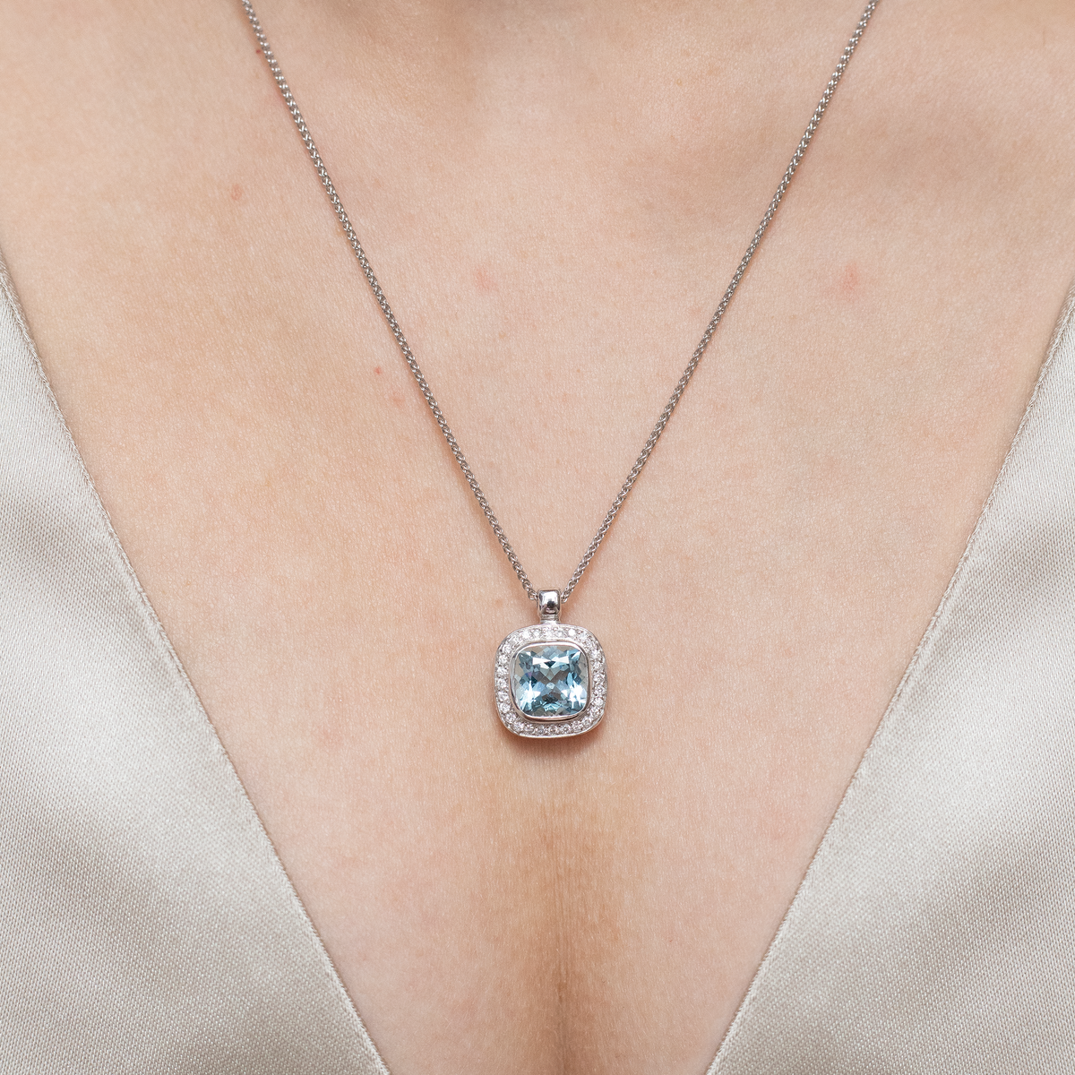 Cushion Cut Aquamarine and Diamond Cluster Pendant