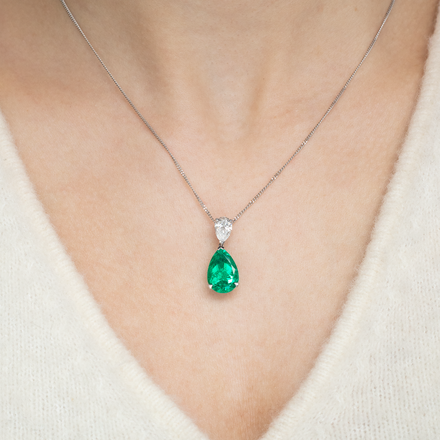 Pear On Pear Certified 3.67ct Emerald and Diamond Pendant