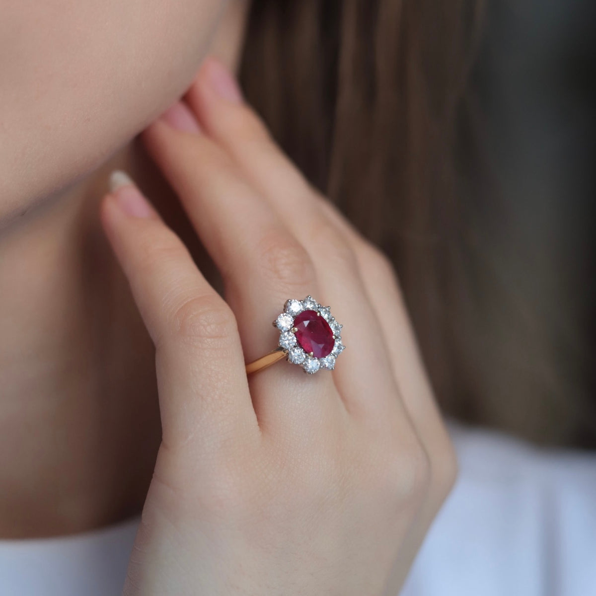 1.83ct Oval Ruby And Round Diamond Cluster Ring