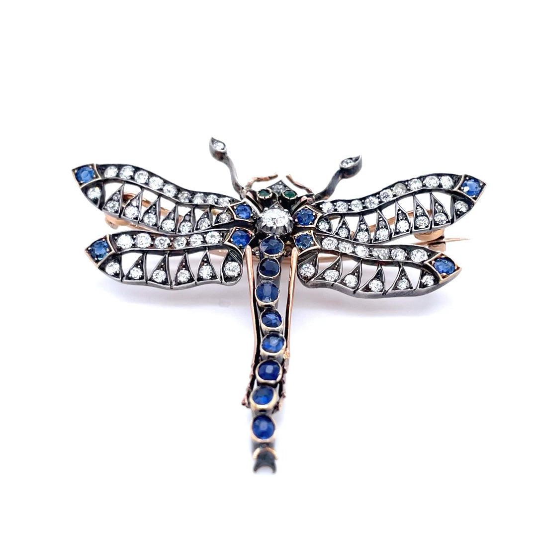 An Antique Sapphire, Diamond and Emerald Set Dragonfly Brooch