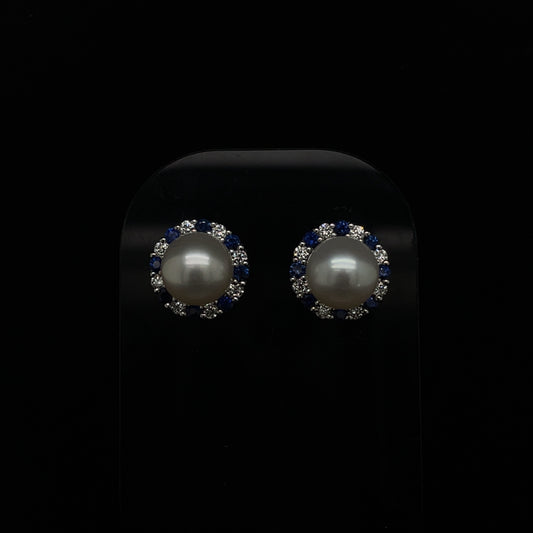 Pearl, Sapphire And Diamond Cluster Earrings