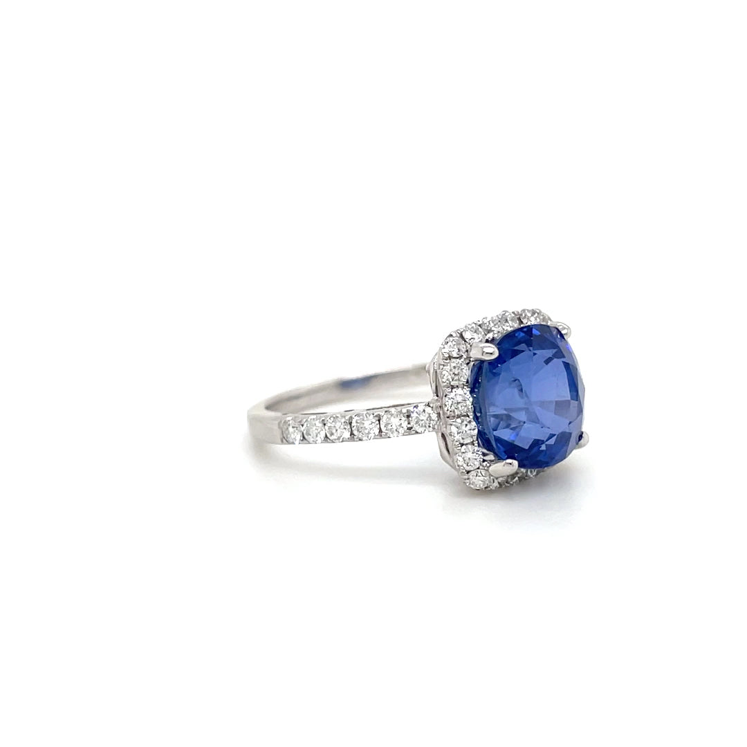 5.37ct Cushion Cut Ceylon Sapphire and Diamond Cluster Ring