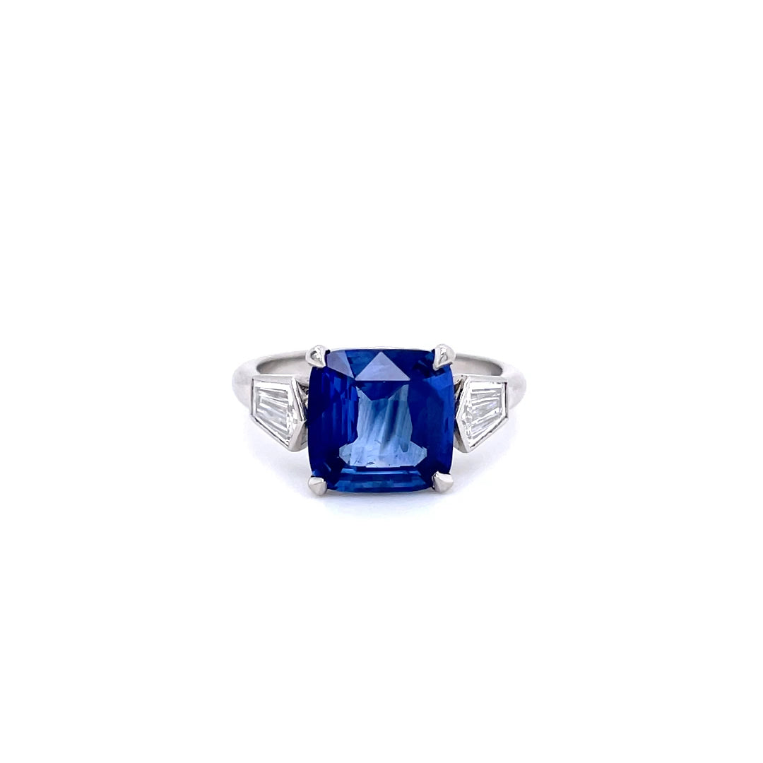 3.75ct Square Cushion Sapphire And Bullet Cut Diamond Three Stone Ring