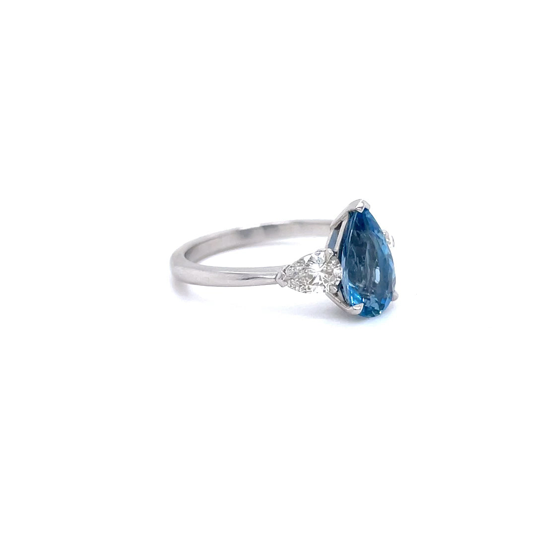 1.34ct Pear Cut Aquamarine and Diamond Three Stone Ring