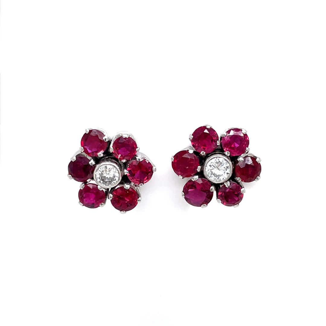 Round Ruby and Diamond Flower Cluster Earrings