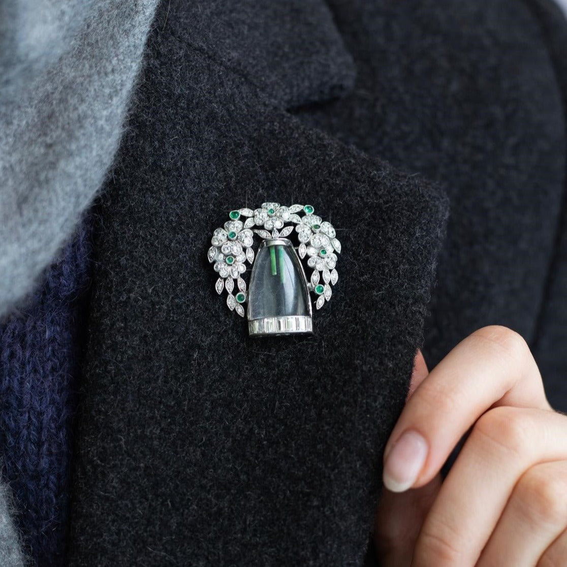 Art Deco Crystal, Emerald And Diamond Flowers In A Vase Brooch