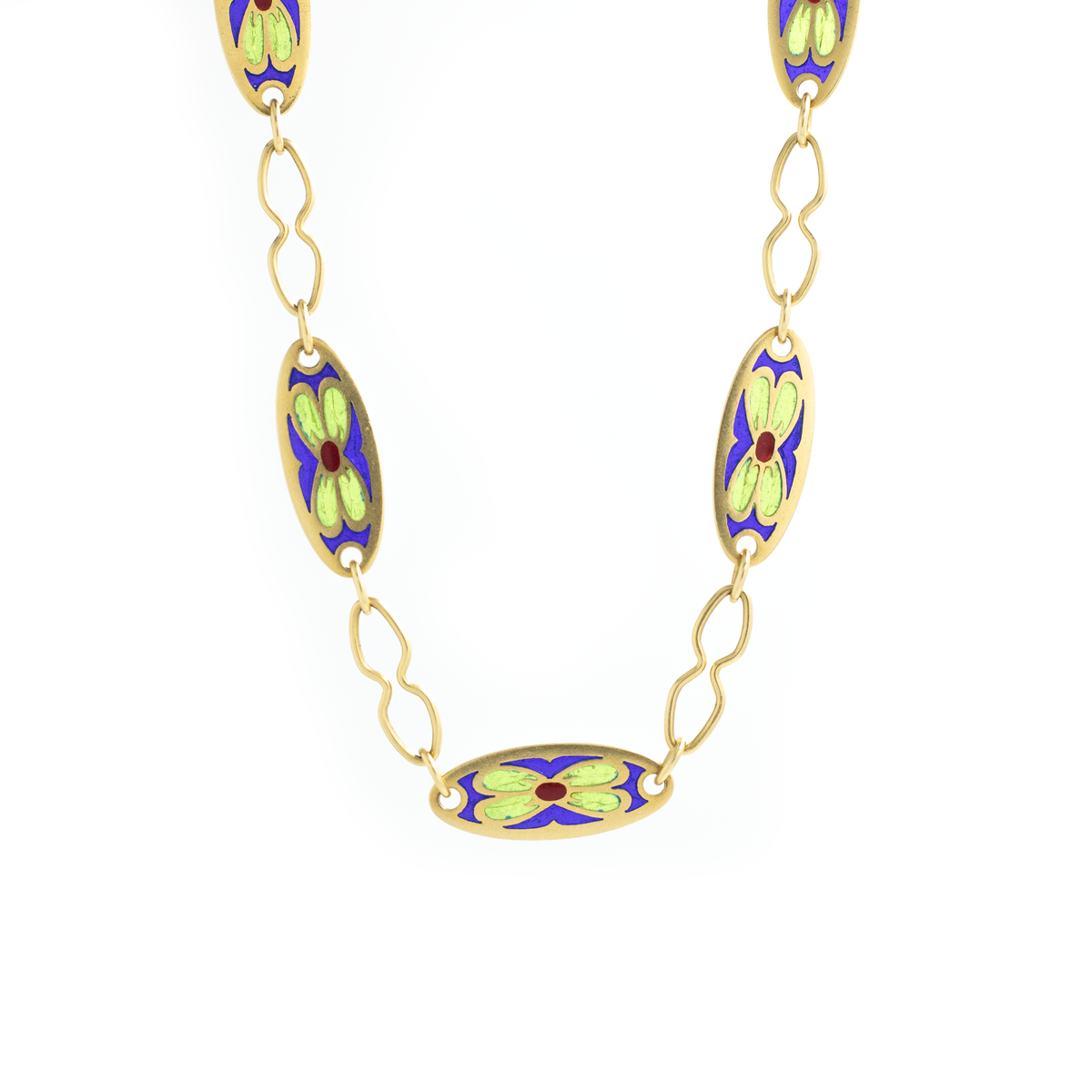 Yellow Gold Enameled Floral Motif Link Necklace