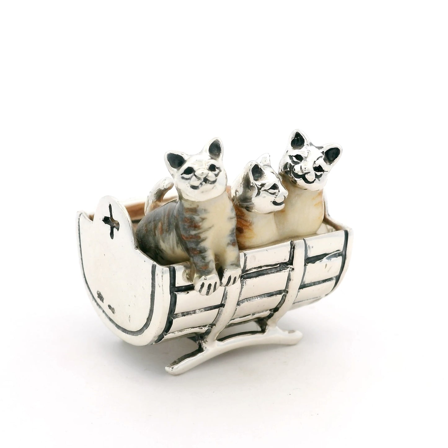 Silver And Enamel Kittens In A Barrel