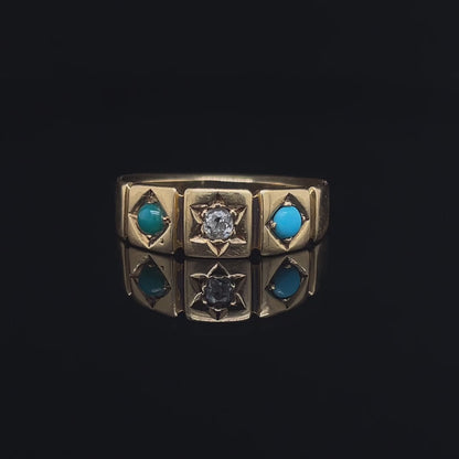 Cabochon Turquoise And Old Cut Diamond Three Stone Ring