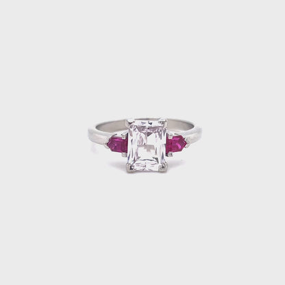1.53ct Radiant Cut White Sapphire And Ruby Three Stone Ring