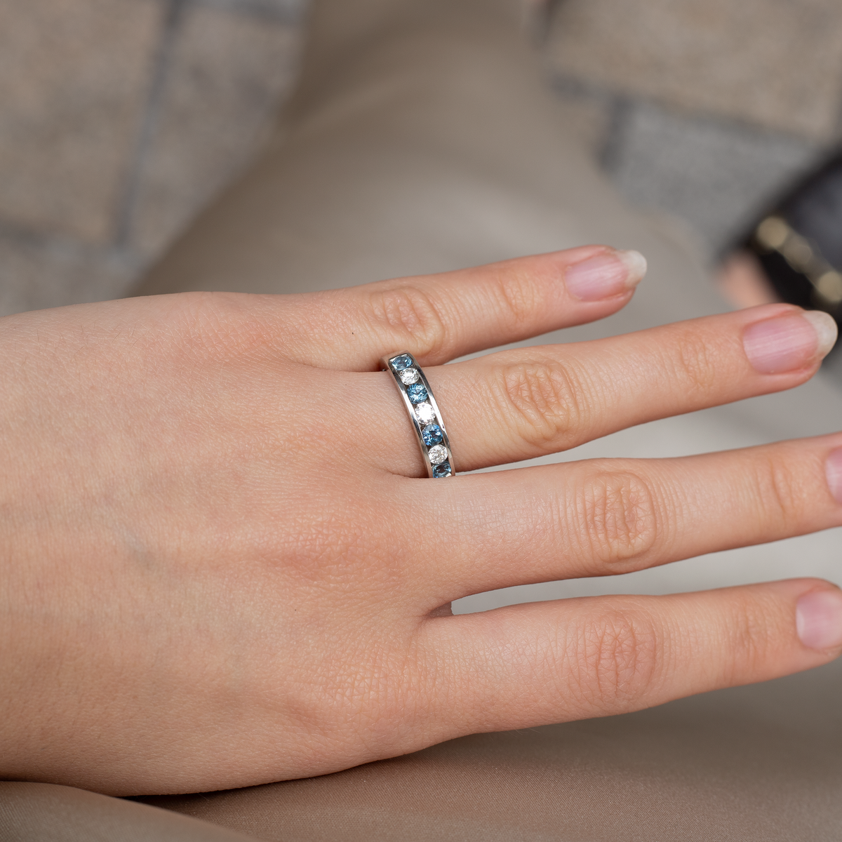 0.43ct Round Aquamarine and Diamond Half Eternity Ring