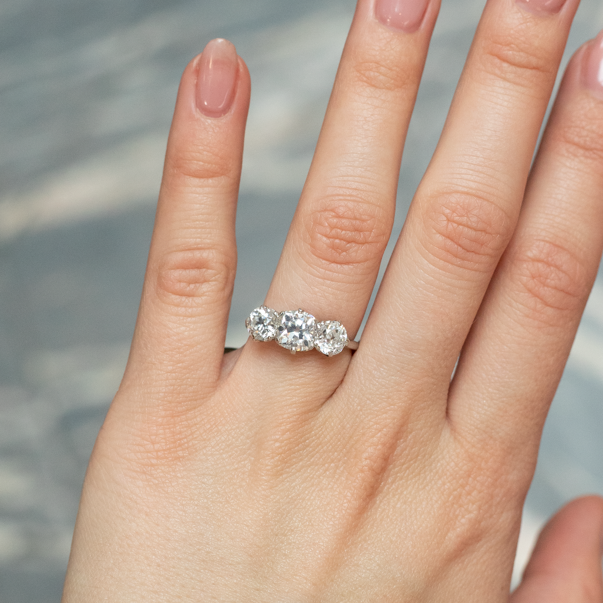 2.74ct Old Cut Round Diamond Three Stone Ring