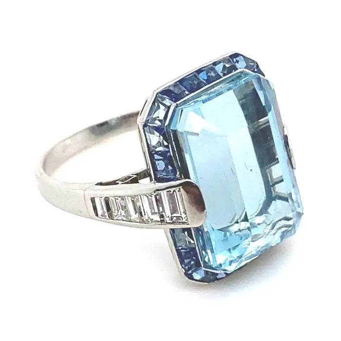 Vintage Emerald Cut Aquamarine And Sapphire Cluster Ring