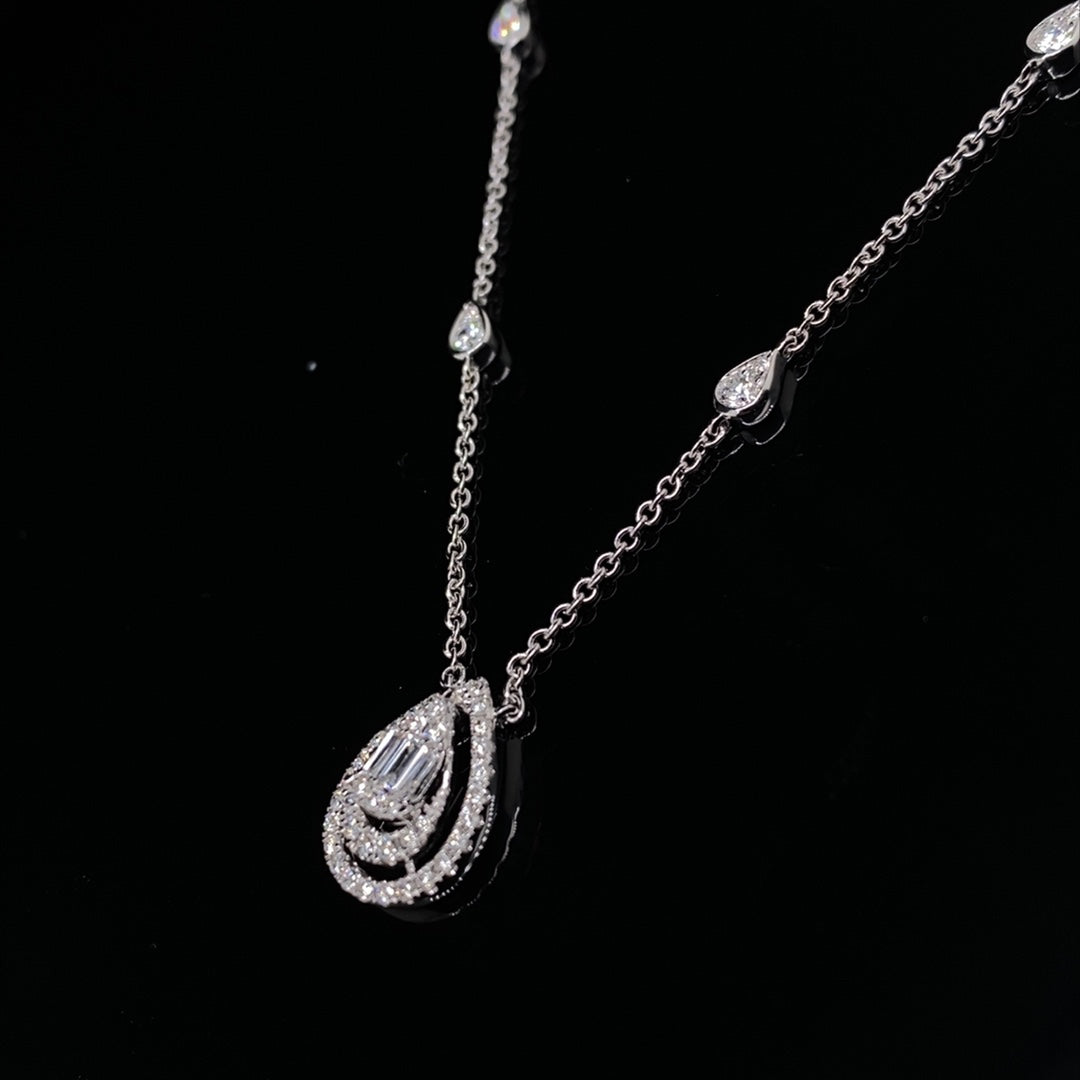 0.44ct Baguette Cut And Round Diamond Pear Shape Open Cluster Pendant