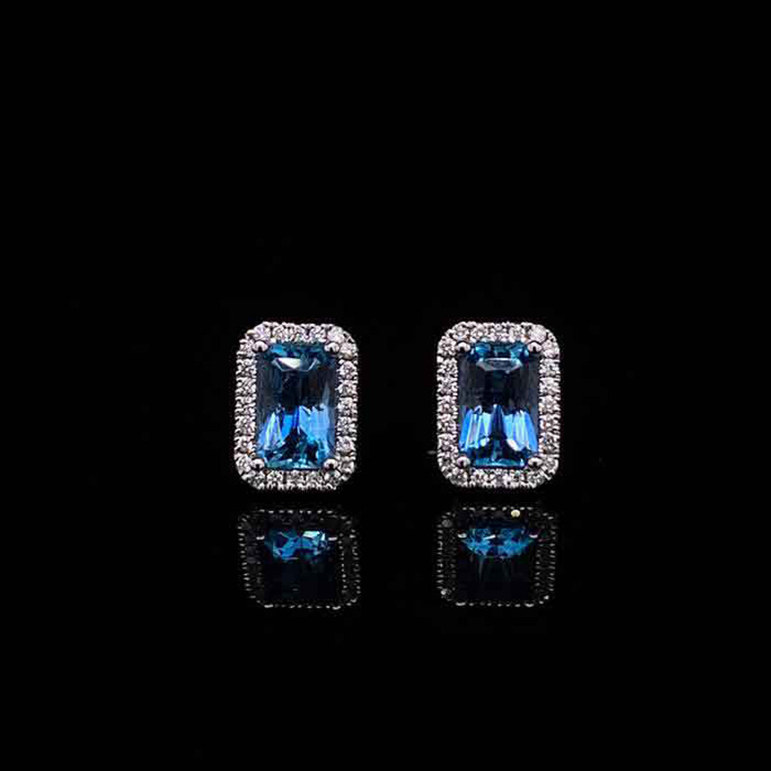 1.04ct Emerald Cut Aquamarine And Diamond Cluster Earrings