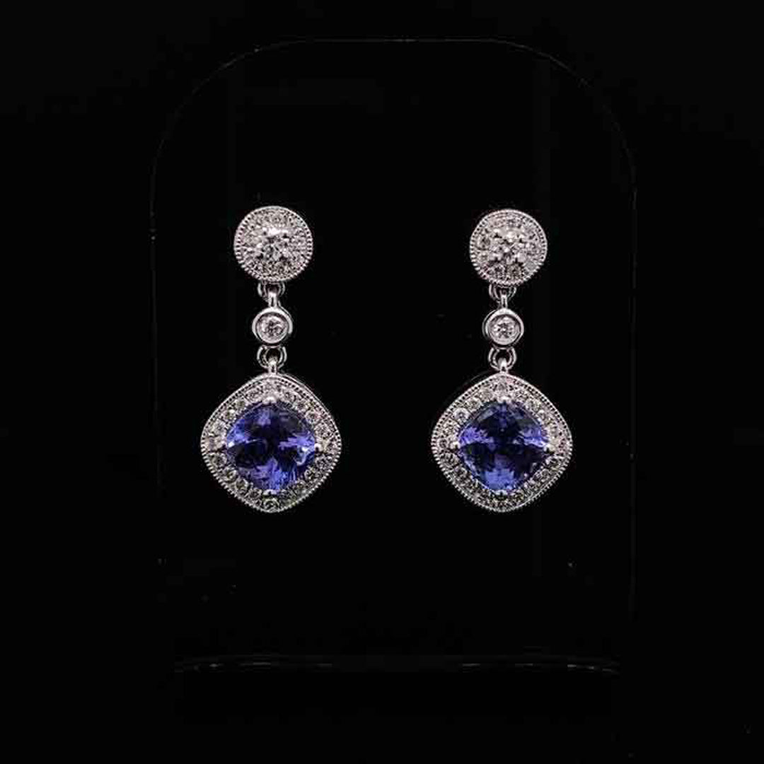 1.36ct Cushion Cut Tanzanite and Round Diamond Cluster Drop Earrings