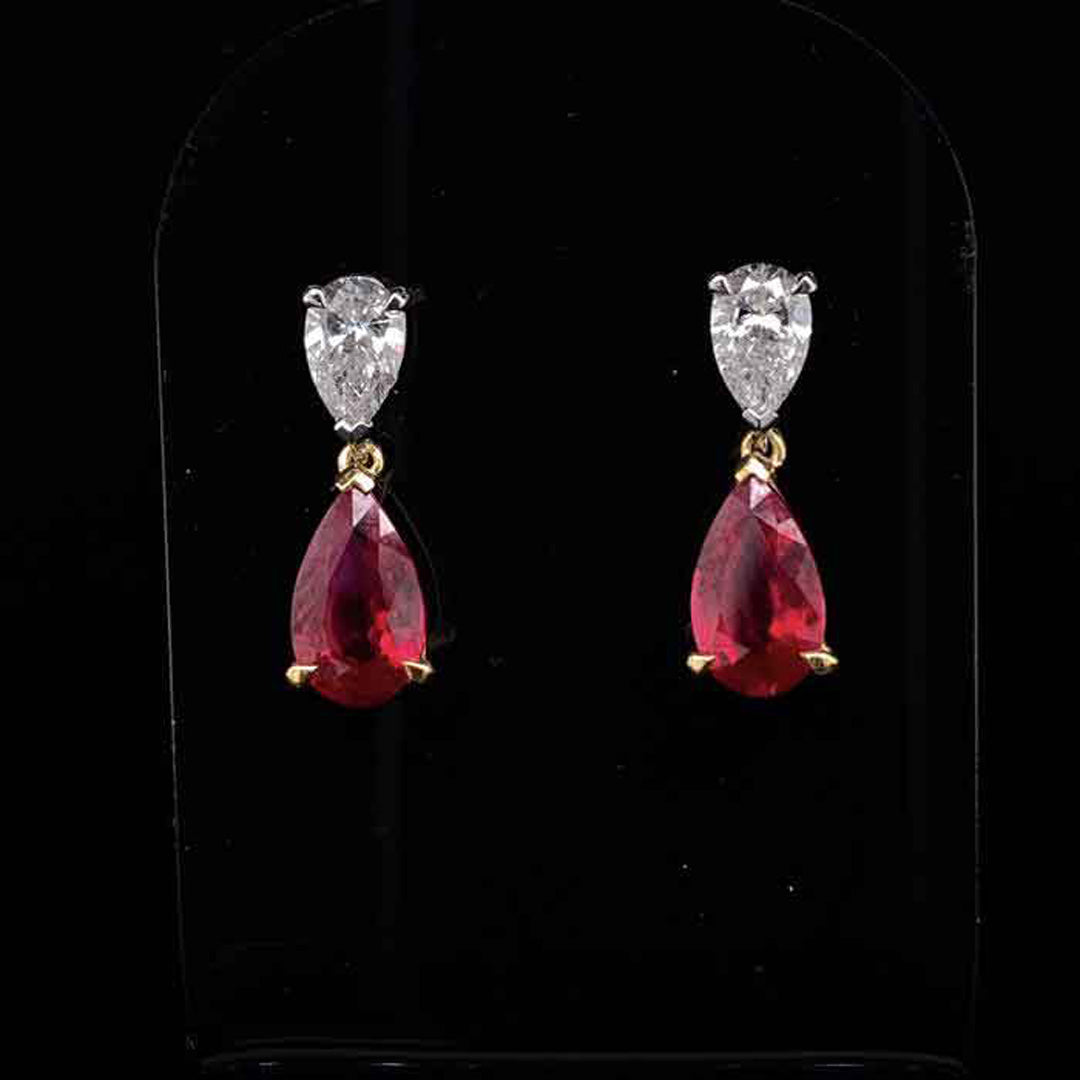 1.82ct Pear On Pear Ruby and Diamond Drop Earrings