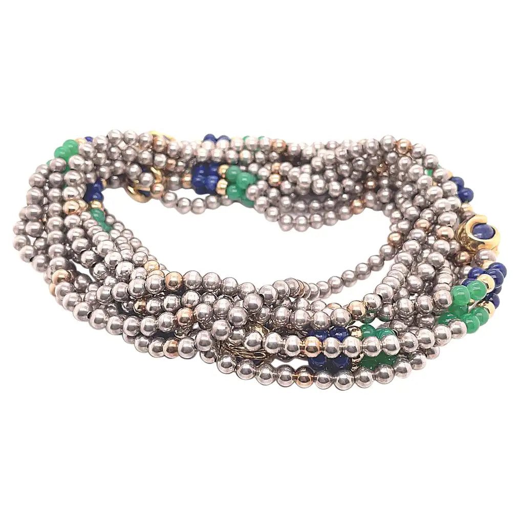 Cartier Silver, Yellow Gold, Chalcedony and Lapis Bead Necklace