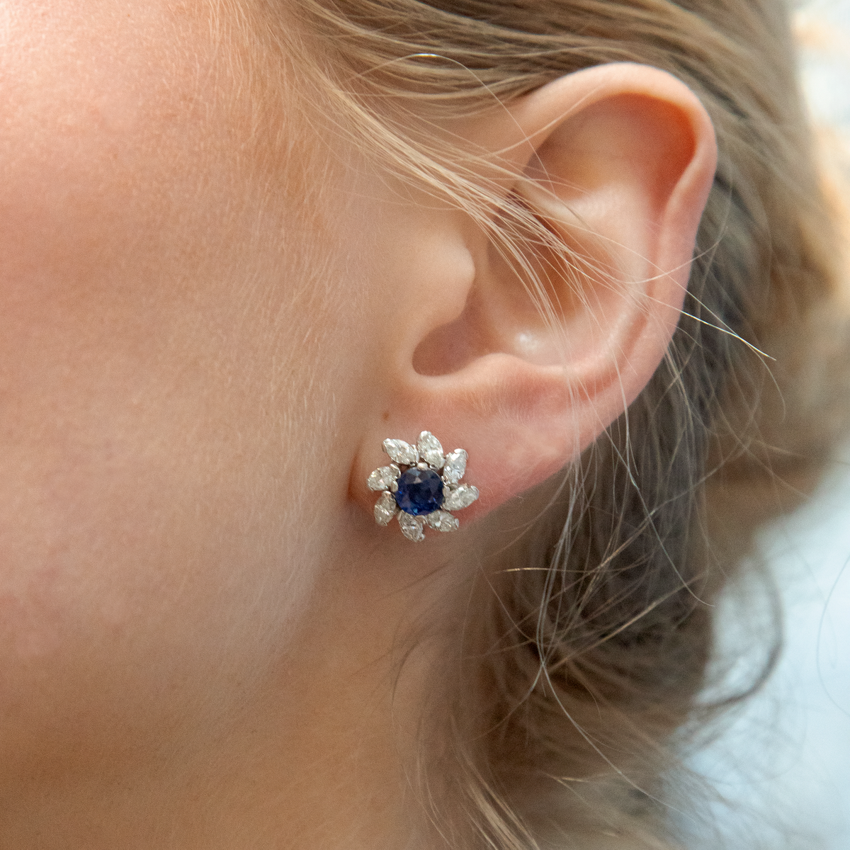 1.14ct Round Sapphire and Marquise Diamond Cluster Earrings
