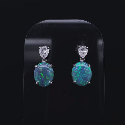 2.65ct Oval Black Opal And Pear Cut Diamond Drop Earrings