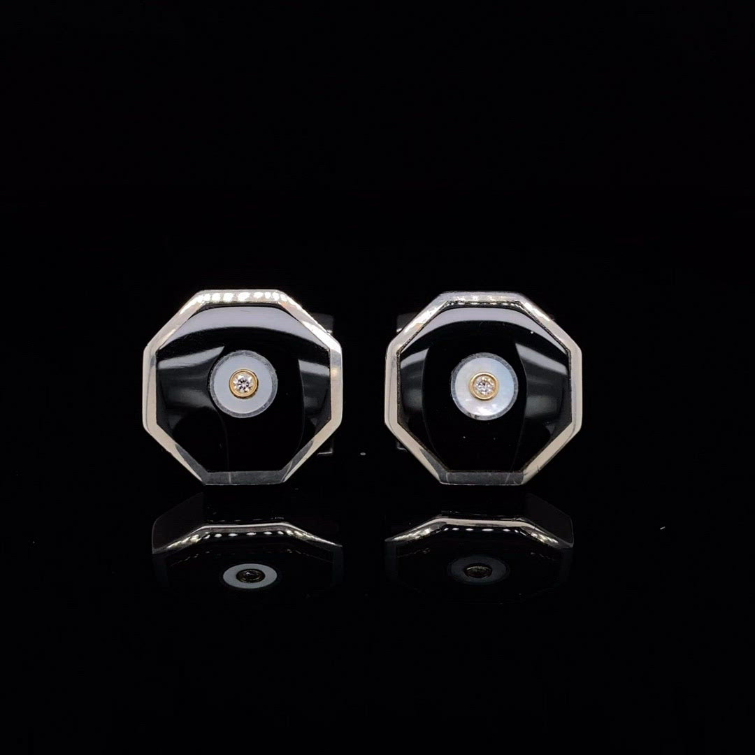 Silver, Onxy, Mother of Pearl and Diamond Cufflinks