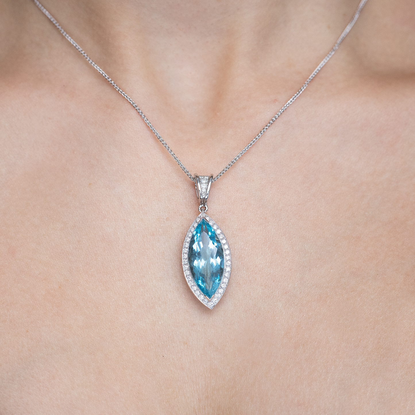 6.99ct Marquise Cut Aquamarine and Round Diamond Cluster Pendant