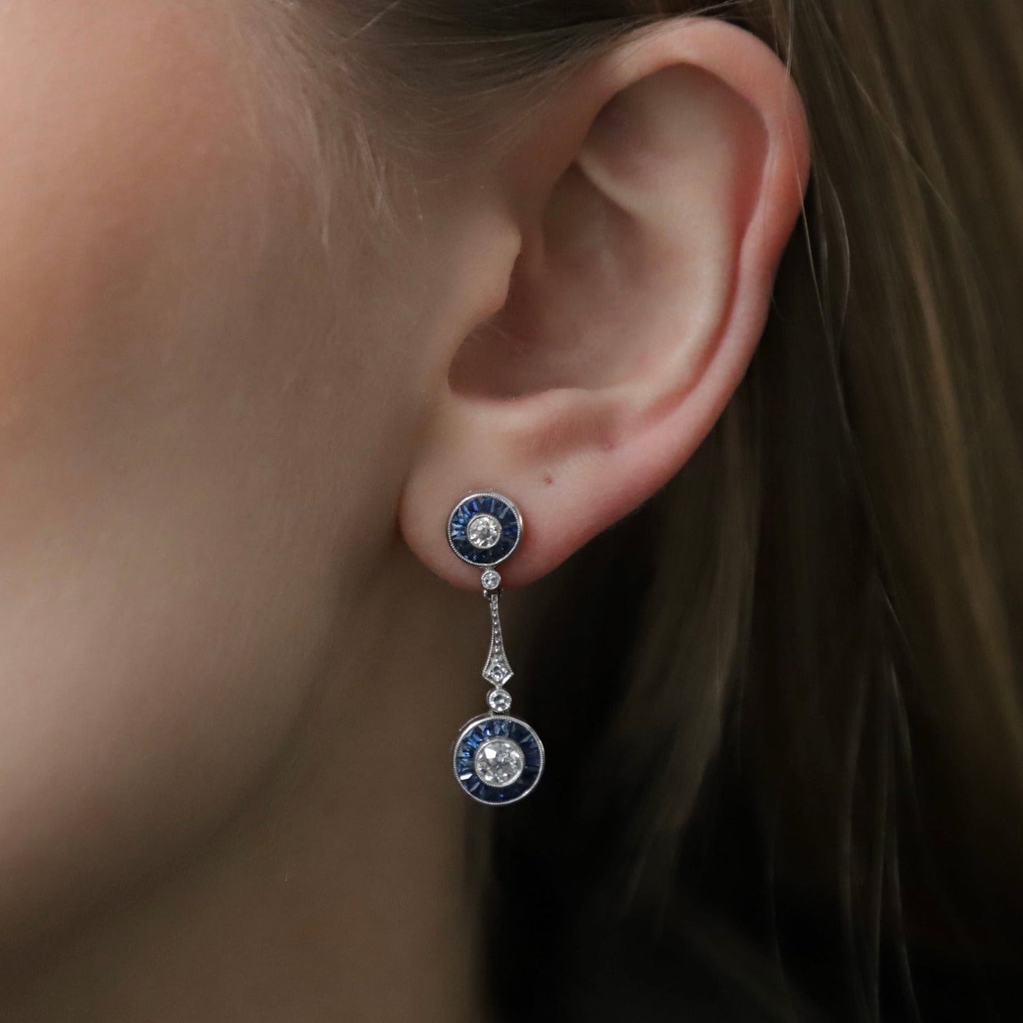 Sapphire and Diamond Cluster Drop Earrings