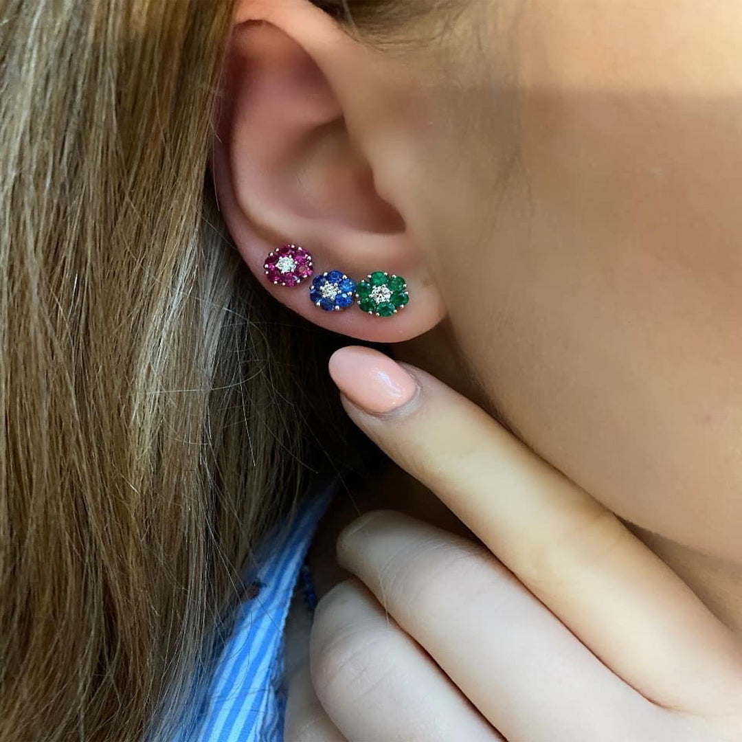 Round Emerald And Diamond Flower Cluster Earrings