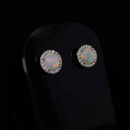 Round Opal and Diamond Cluster Earrings