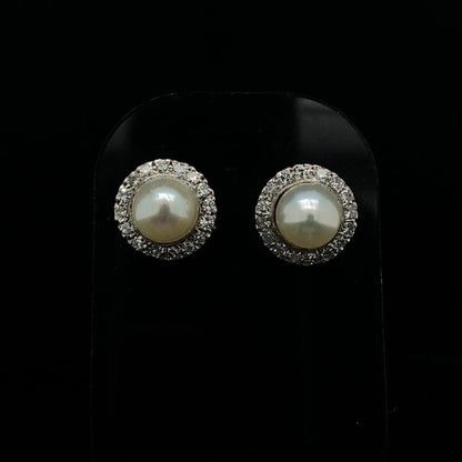 Round Pearl and Diamond Cluster Earrings