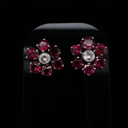 Round Ruby and Diamond Flower Cluster Earrings