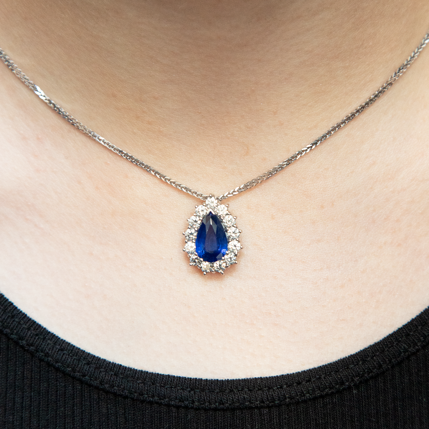 3.46ct Pear Cut Sapphire and Round Diamond Cluster Pendant