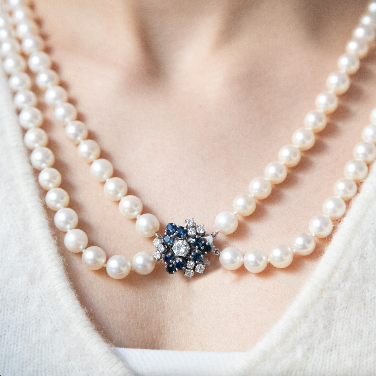 Two Row Pearl Necklace With a Sapphire And Diamond Clasp